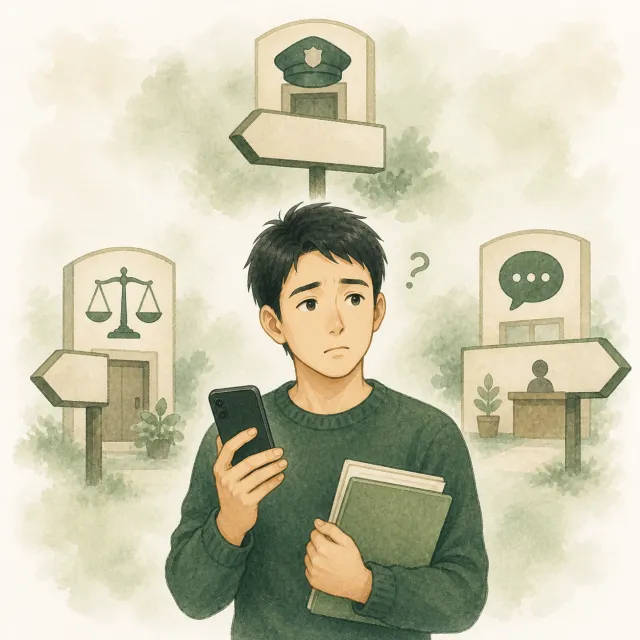 警察・法律相談・相談窓口のどこへ行けばよいか困っている人のイラスト