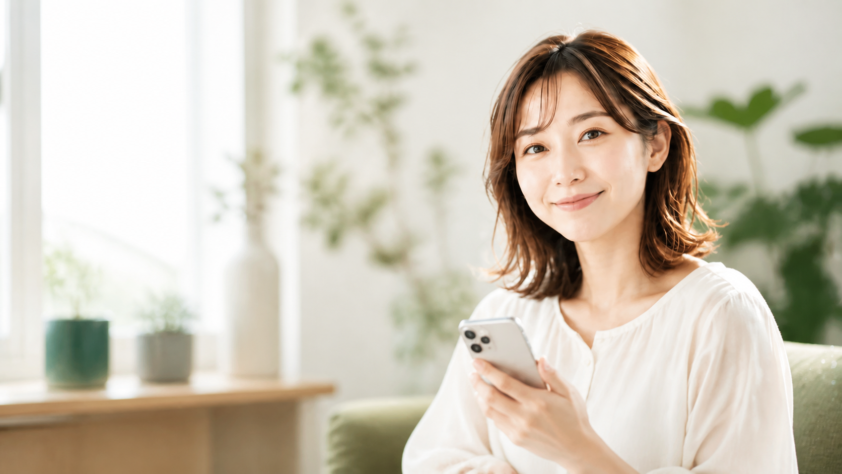 スマートフォンを持って穏やかに相談を迎える、きづきさん