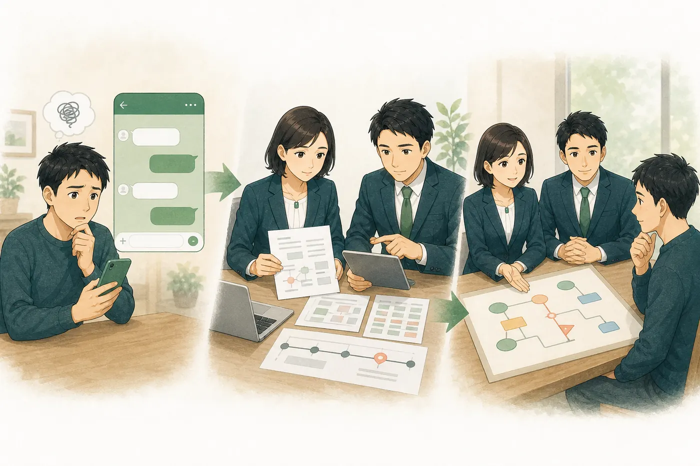 LINEで相談し、資料を整理し、選択肢を確認するまでの流れを表したイラスト