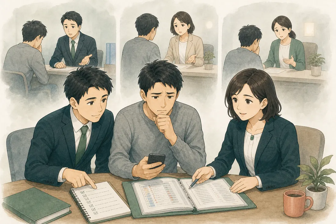 複数の相談を経て、資料を整理する相談者と相談員のイラスト