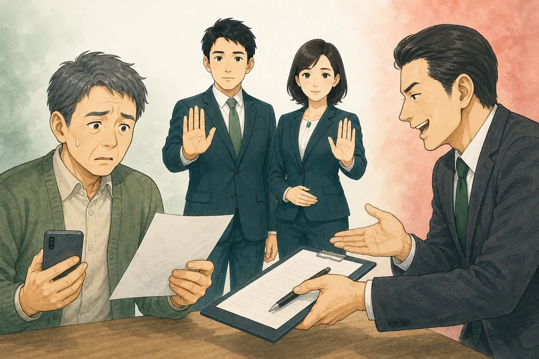高額な契約を迫られている相談者を、相談員が制止しているイラスト